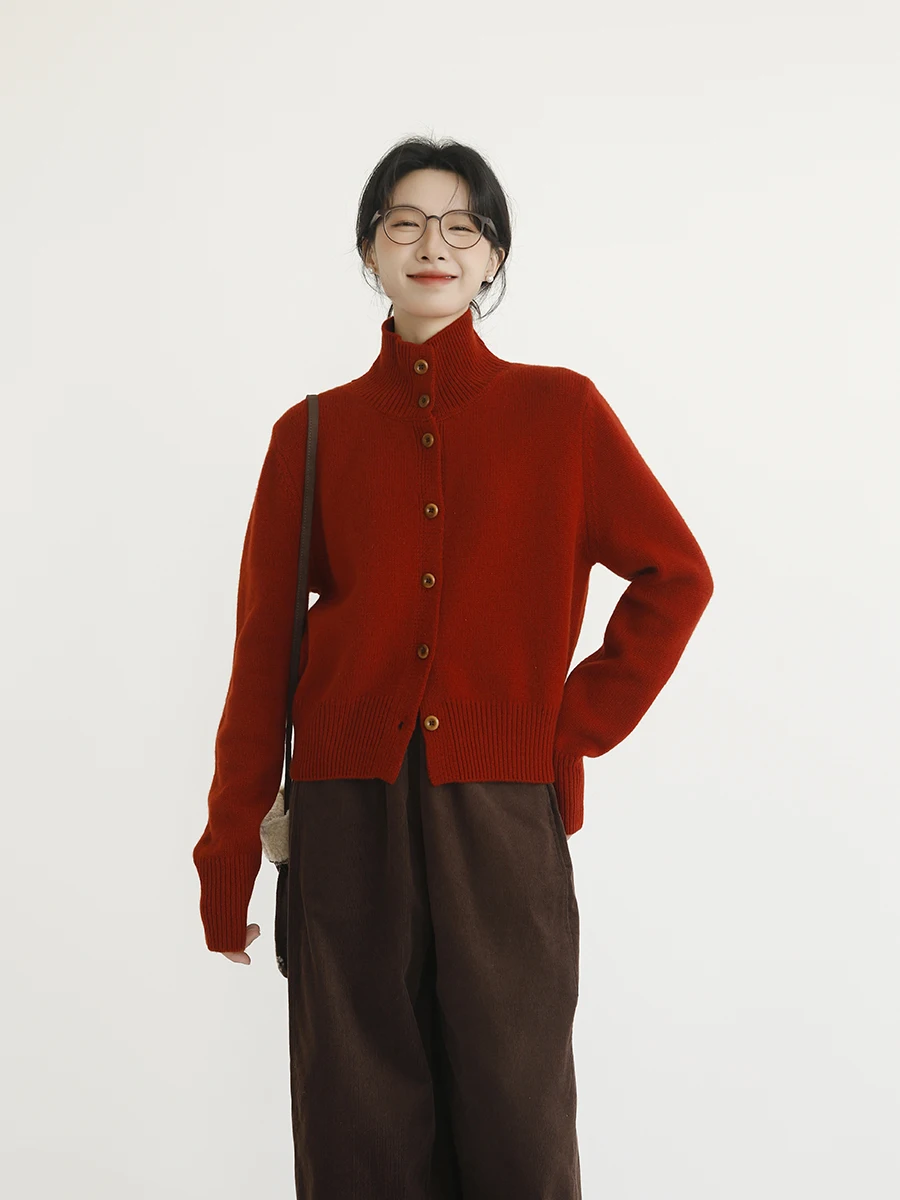 

Красный шерстяной свитер, женский высокий воротник, отложной воротник, двойной ленивый высококачественный открытый кардиган, зимний модный