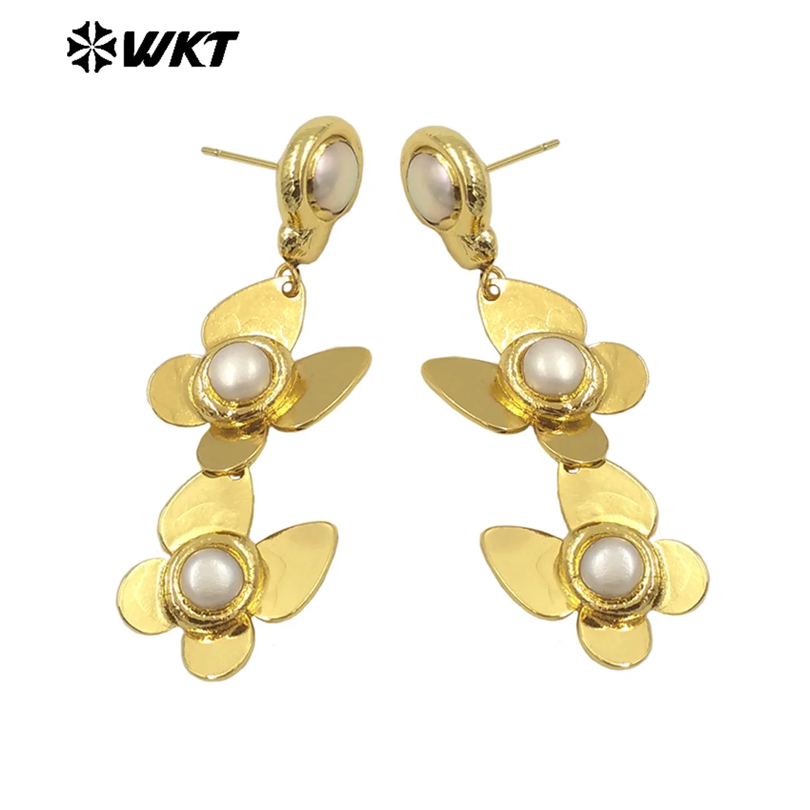 

WT-MPE129 WKT Trendy European 18K Real Gold Plated Resist Tarnishable Elegant Summer Double Butterfly Pearl Earrings