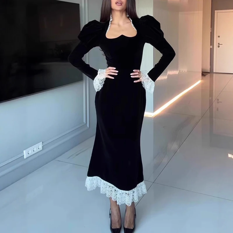 Vestido largo negro Sexy con cuello en U de encaje de retales para mujer nuevo vestido de fiesta de terciopelo ajustado liso elegante vestido Maxi bohemio de manga larga de otoño