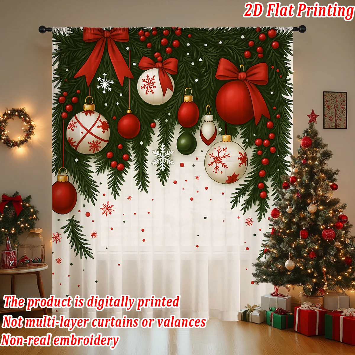Christmas Flat Printing Sheer Curtain with Christmas Ball Pine Branch Berry Snowflak for Living Room Bedroom Decor Holiday Party
