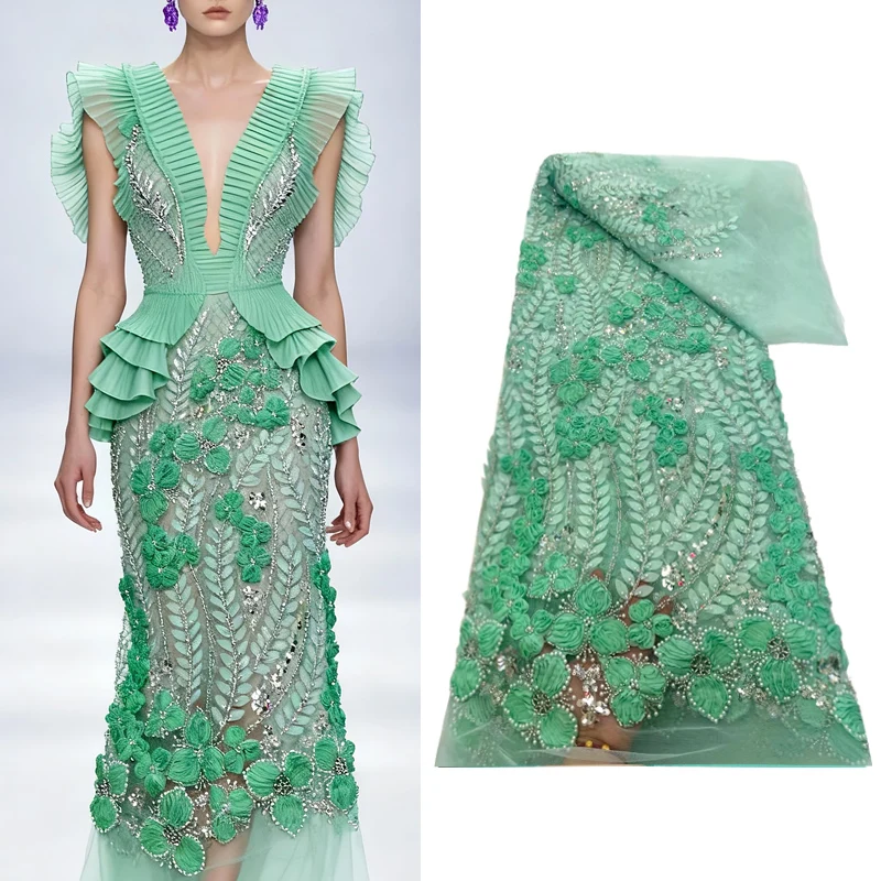 

3D handcrafted beaded embroidery lace fabric African bead and sequin netting for Nigerian women's party and wedding attire