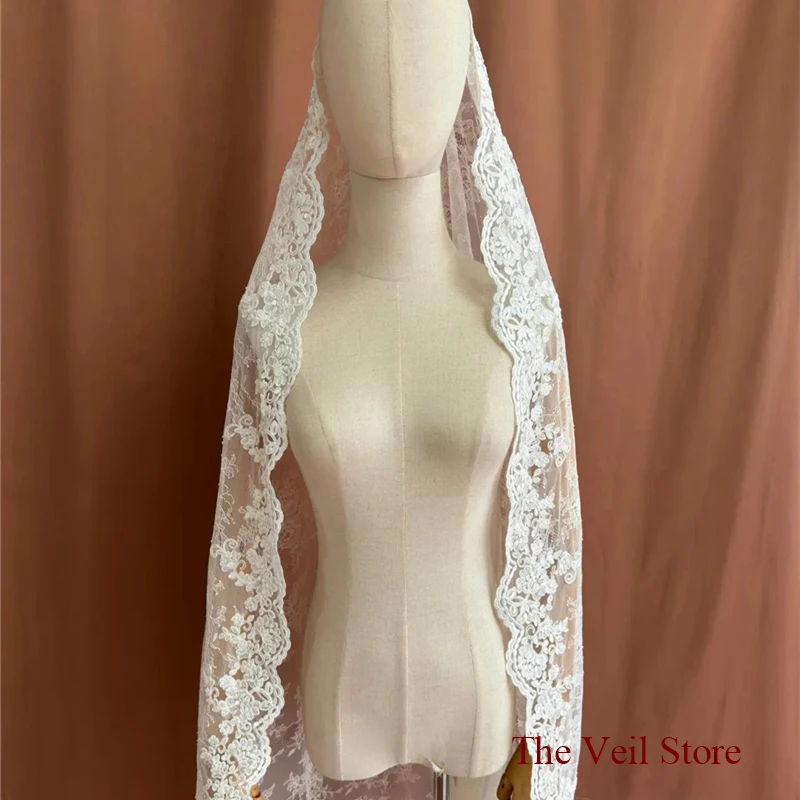 3 M Wide Mantilla Wedding Bridal Veils Lace With Bone Trim Accessories Chantilly Catholic For Brides Vintage Elegant Floral Long image 5