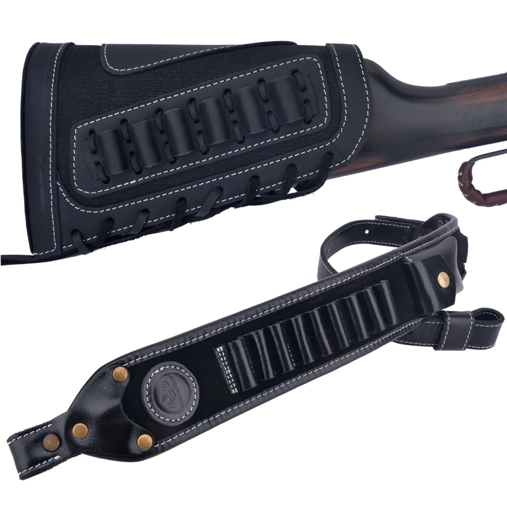 

Canvas Leather Buttstock Ammo Holder With Padded Gun Macthed Sling .308 .45-70 .30-06 .44MAG