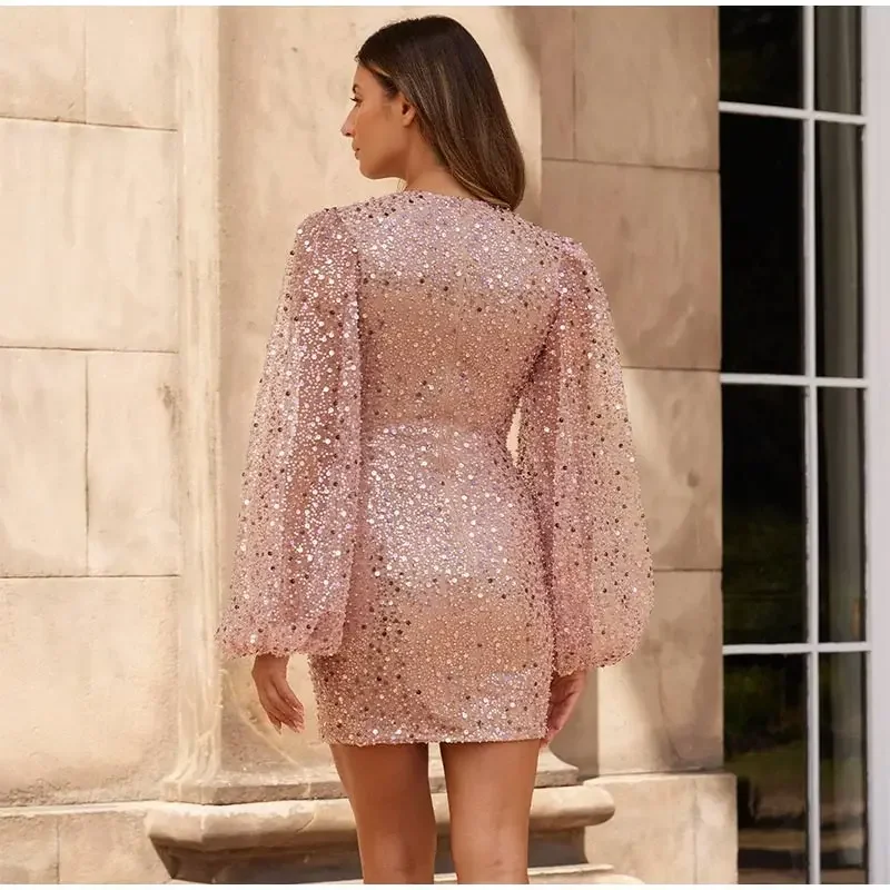 Elegant Fashion V Neck Lantern Long Sleeves Prom Dresses Sexy Bodycon Short Cocktail Women Sequins Mini Party Gowns فساتين سهره