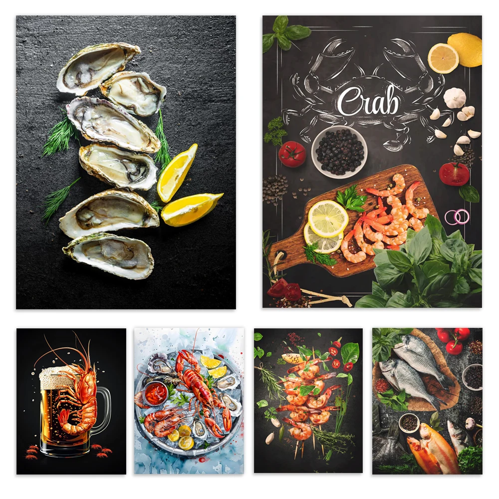 Shrimp, shrimp beer, iced lemon fresh shrimp, black shrimp fish, lemon fresh oysters, salmon, restaurant decoration poster