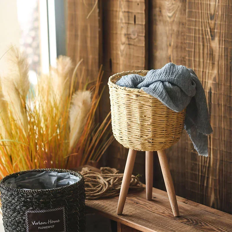 Retro Simple Plant Stand, Natural Straw Flower Shelf, Multi-scene Suitable,Floor Decoration Rack for Plants,Vintage Garden Decor