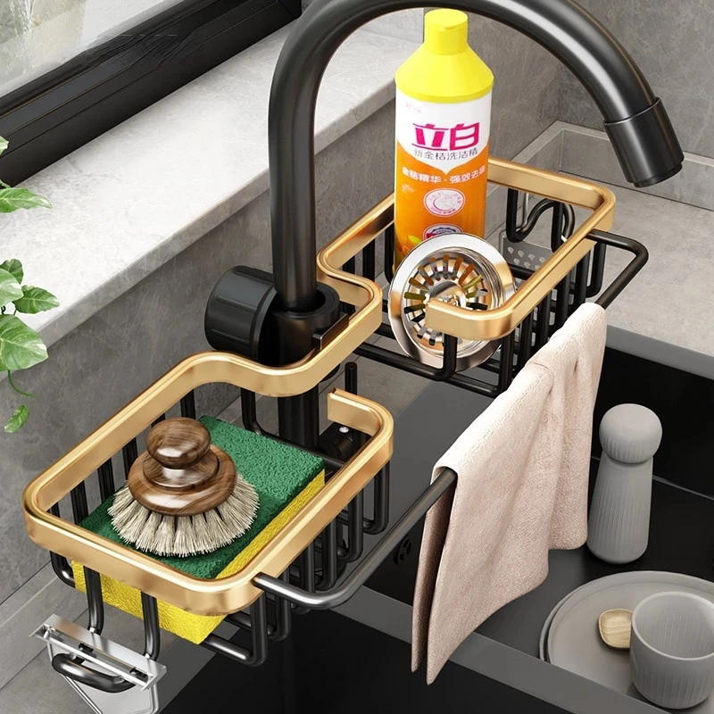 

Bathroom Space Aluminum Sink Drain Rack Kitchen Sink Faucet Shelf Soap Sponge Drain Cloth Rag Storage Rack Bathroom Accessories