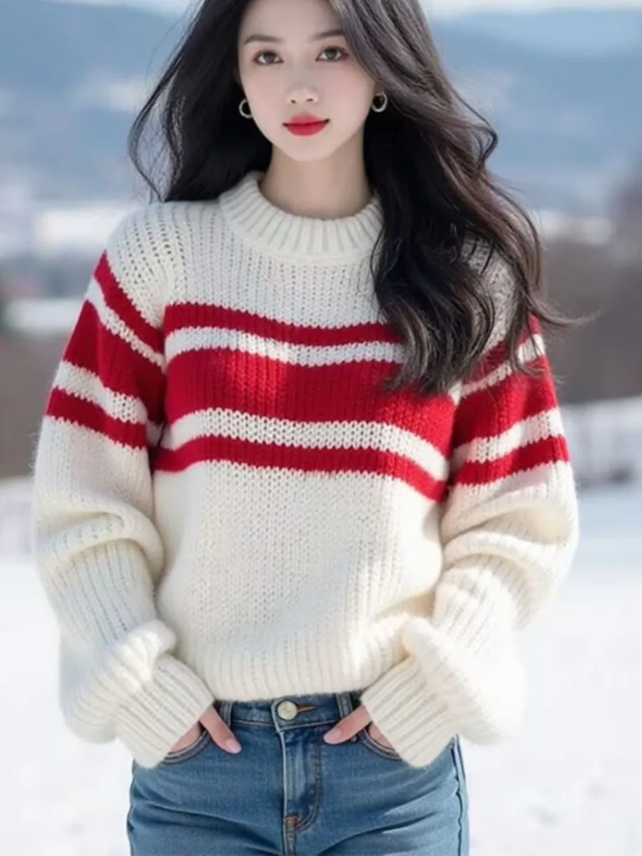 

Осенне-зимний женский вязаный свитер в полоску с длинным рукавом, мягкий, модный, повседневный, из полиэфирного волокна, для ношения под одеждой