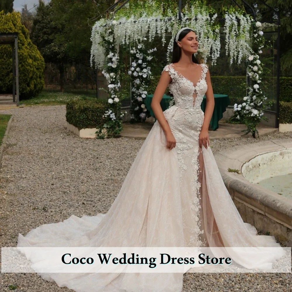 

Customized Exquisite 2 in 1 Mermaid Wedding Dress High Slit Beading Lace Applique Bridal Gown Robe De Mariee Vestido De Novia