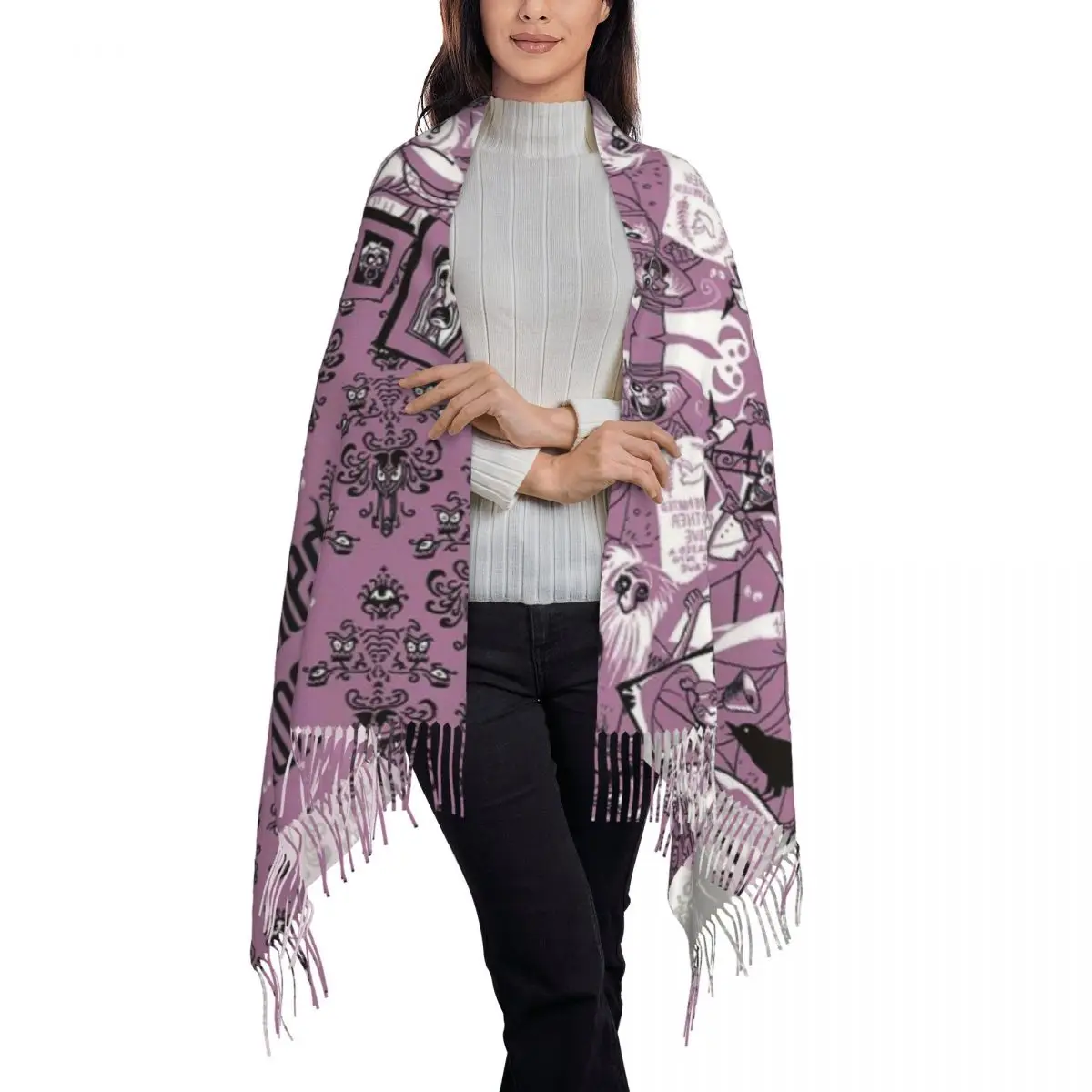 Fashion Haunted Mansion Montage Tassel Scarf Women Winter Fall Warm Shawl Wrap Lady Halloween Horror Film Scarves