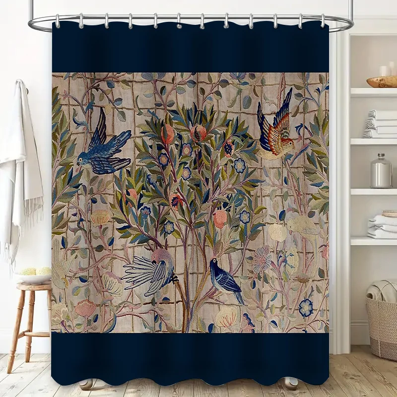 ستارة دش نباتية عتيقة نمط طيور الغابات قابل للغسل ديكور الحمام المنزل ريفي مزرعة طبيعة تحت عنوان خلفية #2