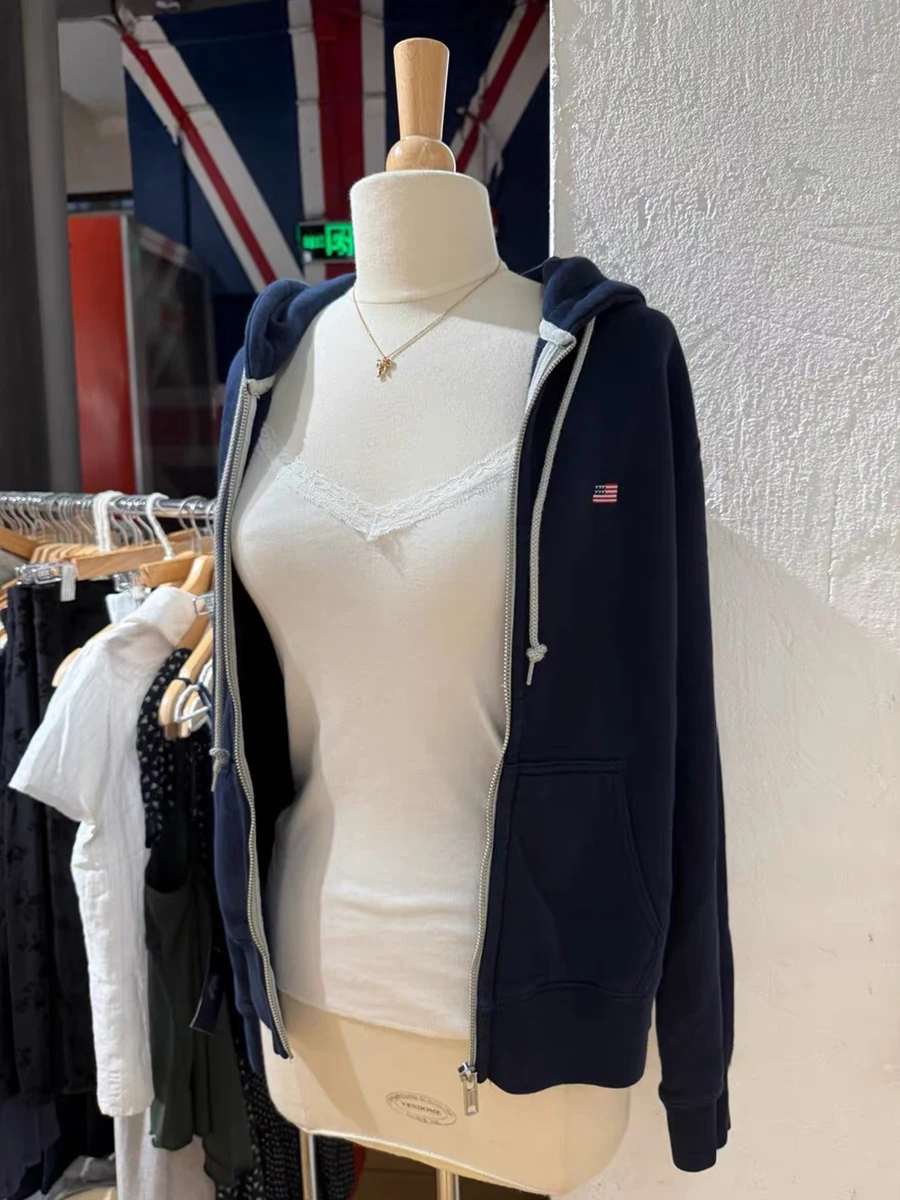 

Толстовка на молнии с вышивкой флага, осенняя новинка, хлопковые тонкие толстовки с капюшоном и длинными рукавами и карманами в консервативном стиле, винтажные темно-синие куртки, топы