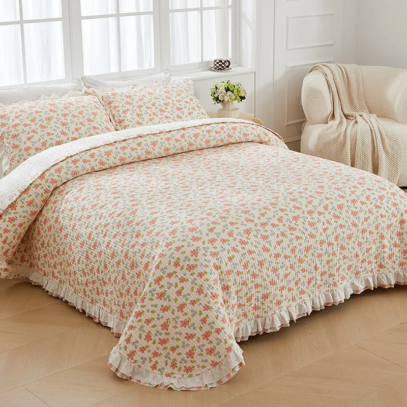 Ruffles Style Cotton Quilt Set 3pcs Quilted Bedspread on The Bed Linen Floral Coverlet Duvet Quilting Blanket Padding Bed Cover