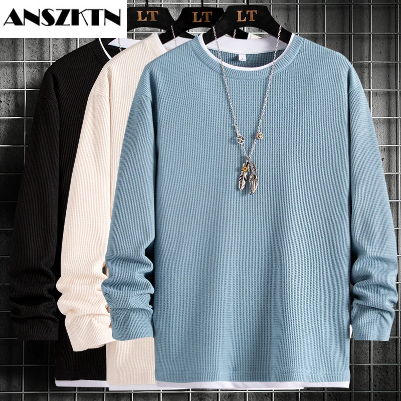 

ANSZKTN Men Spring fall waffle style jacket Pullover Solid shirt leisure trend long sleeve O-neck sweater