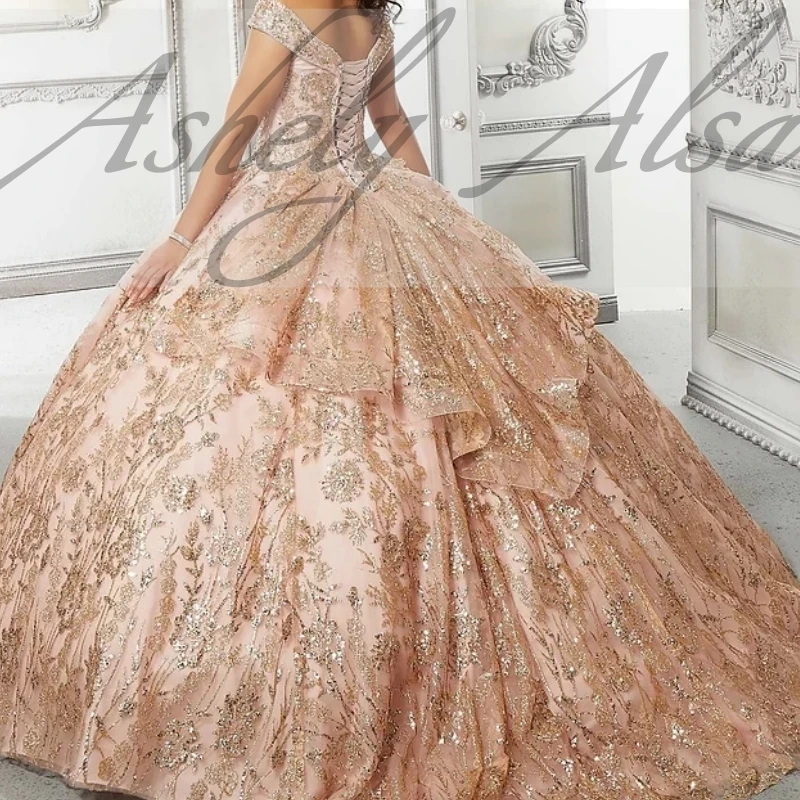 AA-N08 فستان Quinceanera المكسيكي الأزرق الداكن قبالة الكتف الدانتيل يصل الكرة ثوب المرأة حفلة موسيقية مناسبة خاصة ارتداء حفلة 15