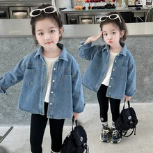 Brief Style Baby Girls Casual Vintage Blue Denim Jacket Coat Age 2 To 9 Years Old Kids Child Solid Spring Autumn Jeans Outfit