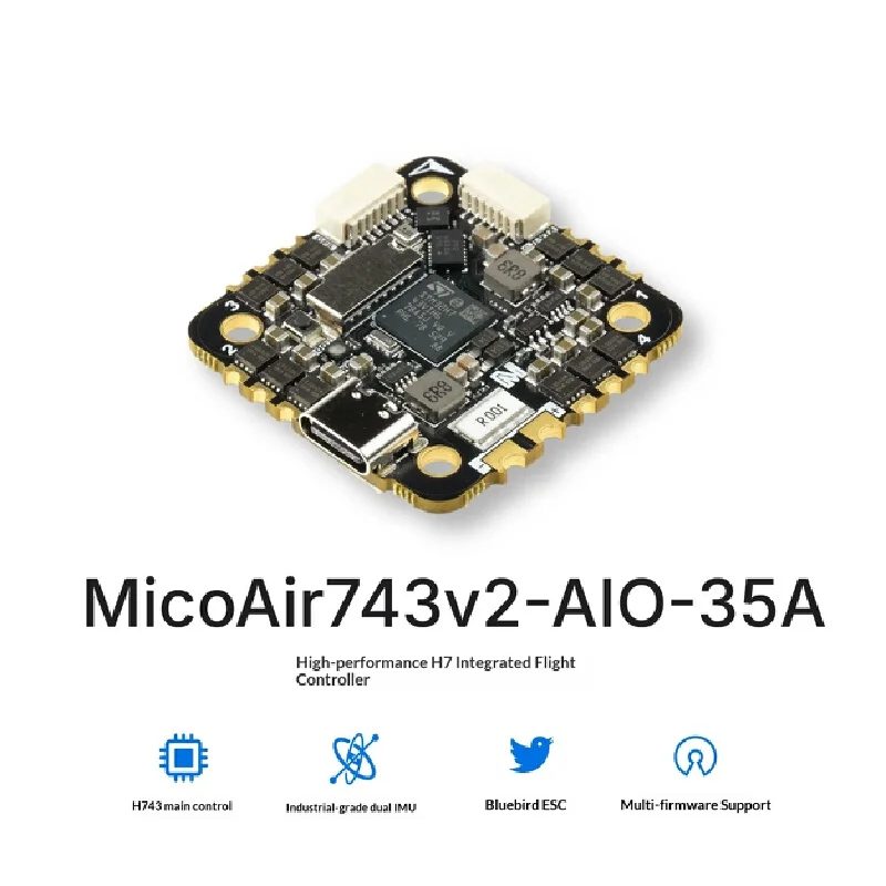 MicoAir H743V2 AIO 35A Bluejay 2-6S Flight Controller ESC 25.5×25.5 Supports ArduPilot PX4 INAV and Modern Configuration