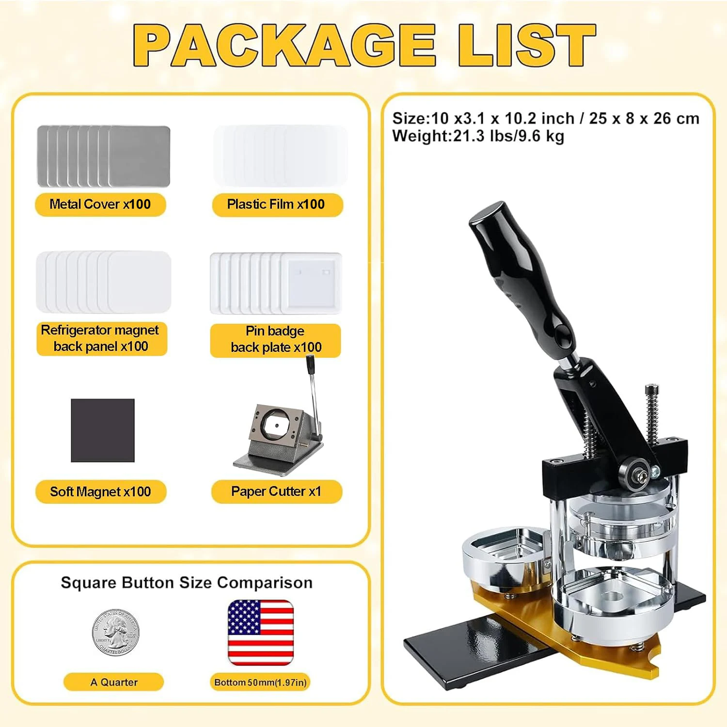 2x2 Inch Square Magnet Making Machine Kit 50x50mm DIY Fridge Photo Magnet Badge Press with Paper Cutter 100 Sets Materials