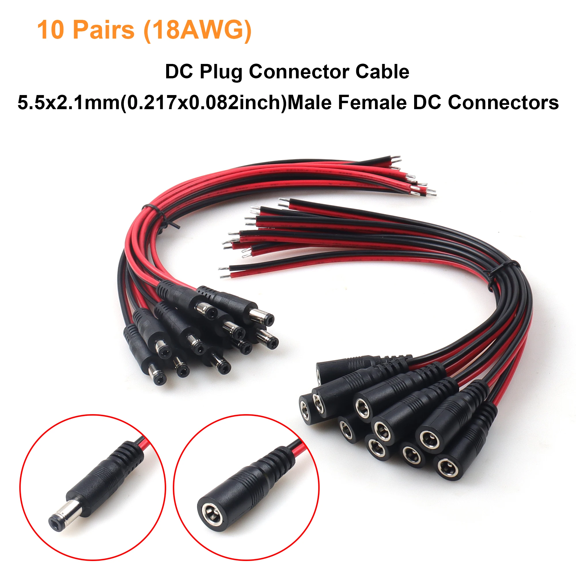 【LANO】1/5/10 Pairs DC Power Pigtail Cable 5.5mm x 2.1 mm Male & Female for CCTV Security Camera Lighting Power Adapter DIY Power