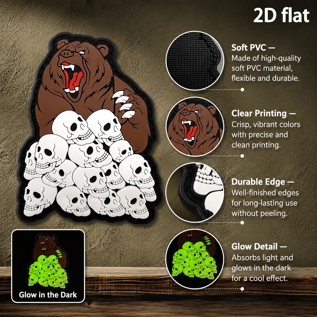 Roaring Giant Bear Skeleton Luminous Alien 2D Flat Pvc Material Magic Sticker Patch Free Fleece Backing Optional Sizes 1Pc 2Pcs 3Pcs Hardcore Soft Rubber Morale Patch Backpack Vest Helmet Decorative Sticker view 5