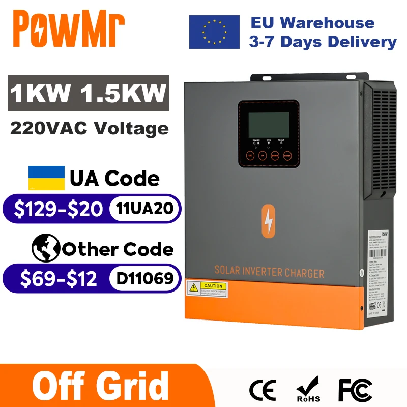 PowMr 1000W 1500W Inverter solare ibrido 12V 24V 220V Off Grid Inverter a onda sinusoidale pura Doppia uscita con caricatore solare MPPT 80A