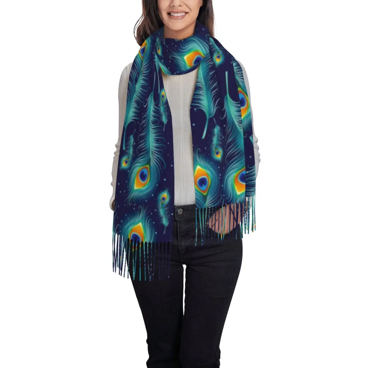 Womens Beautiful Peacock Feather Cashmere Scarf Large Peacocks Aesthetics Pashmina Shawls and Wraps Scarves forTravel