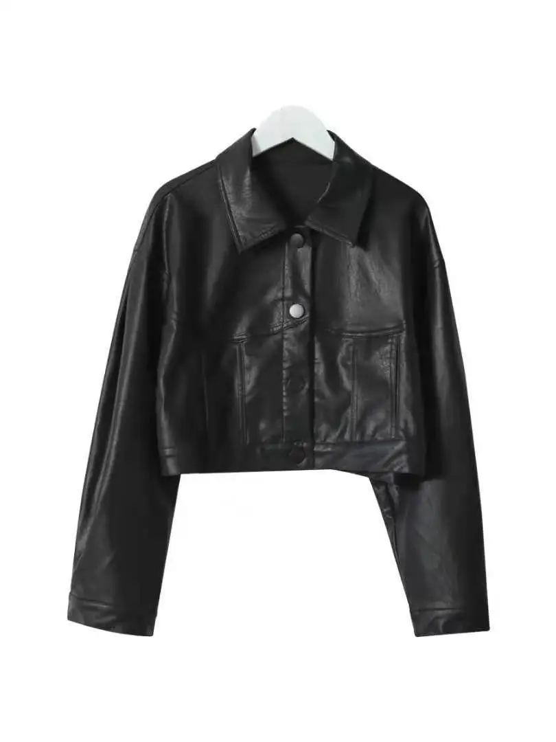 Black Leather Jacket Women's Short Loose Retro Versatile Stylish Spring Autumn New Korean Version Padded Coat  Collar Lon...