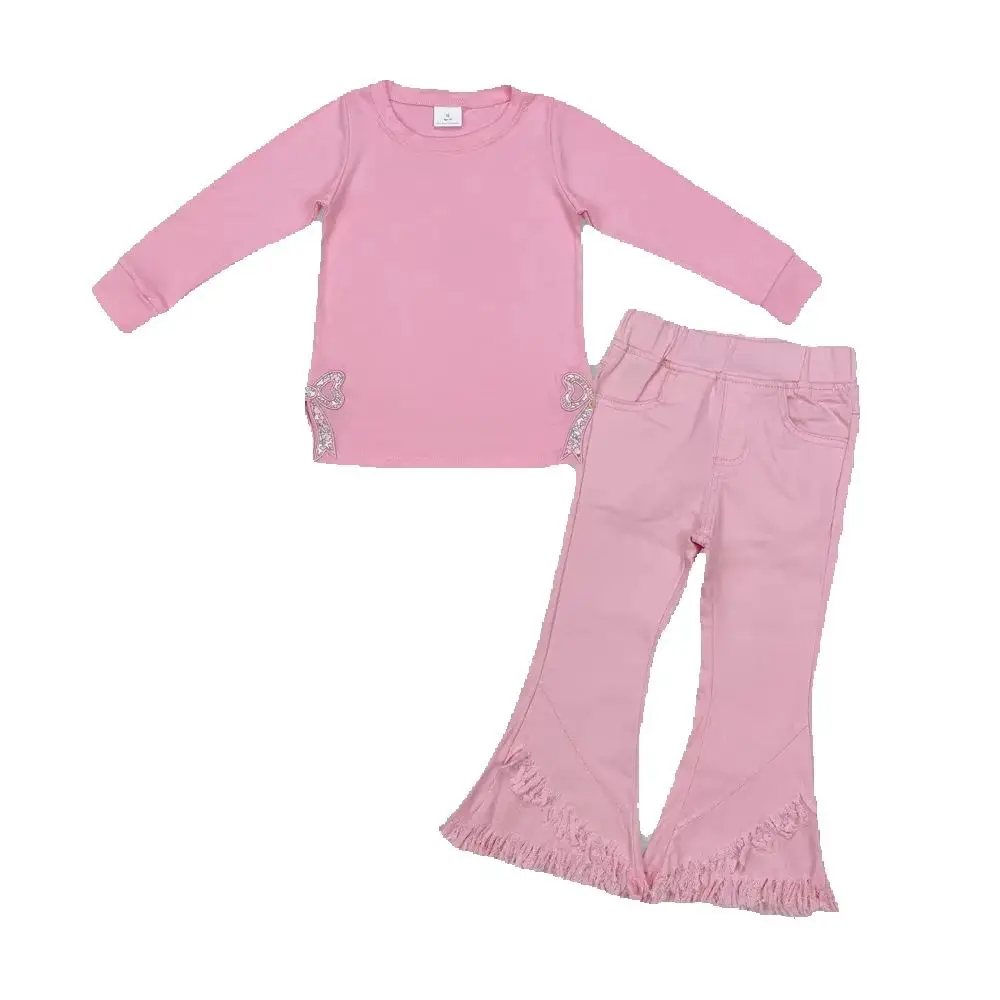 

RTS NO MOQ ETA 5/7days arrived GT0872 P0463 Pink long-sleeved top with embroidered flower bow pattern Pink elastic denim pants