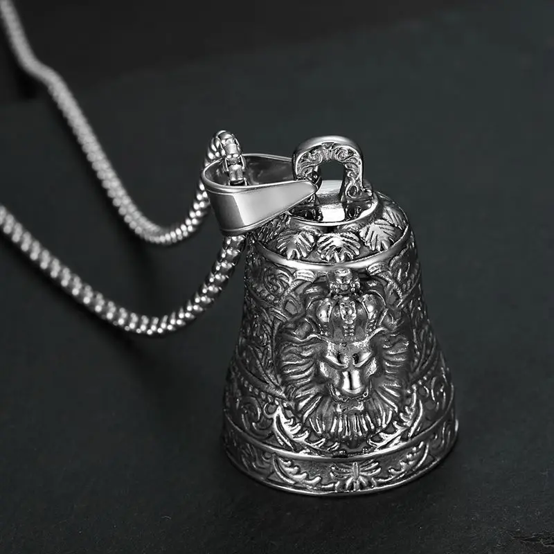 Tang Dynasty Grass Pattern Stainless Steel Casting Lion Head Crown Exorcism Bell for Home Decor