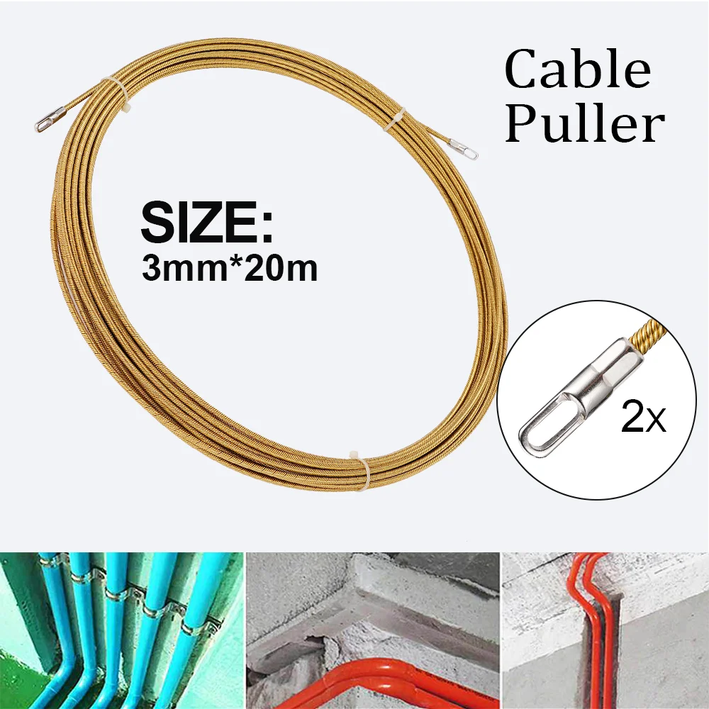 Fish Tape Wire Puller 3mm Diameter 20M Steel Nylon Cable Puller With End Caps For Electrical Conduit Electrician Wiring Tool