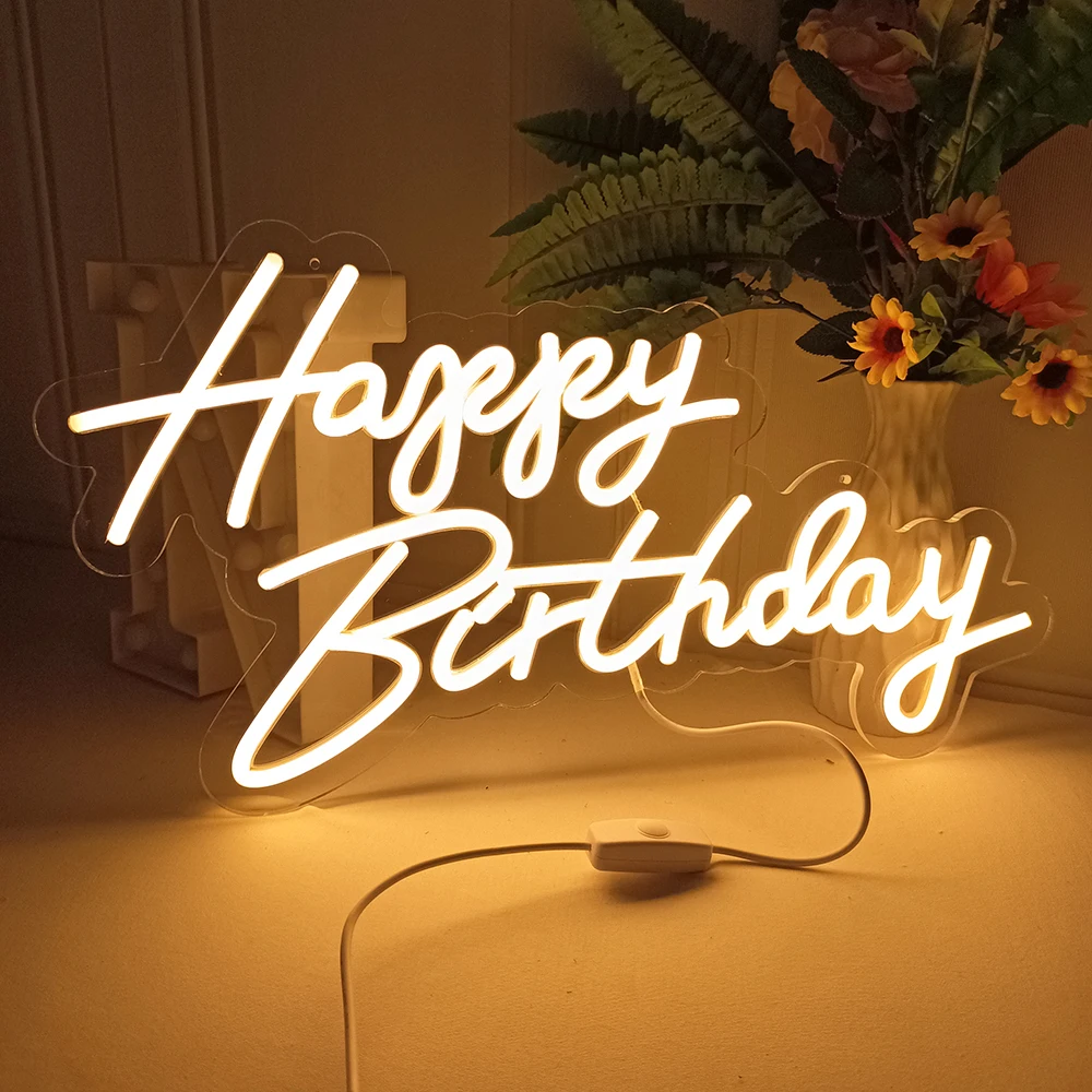 45cm Happy Birthday Neon LED Birthday Party Background Glow Sign 5V USB Power Supply Dimmable Decorative Night Light with Base