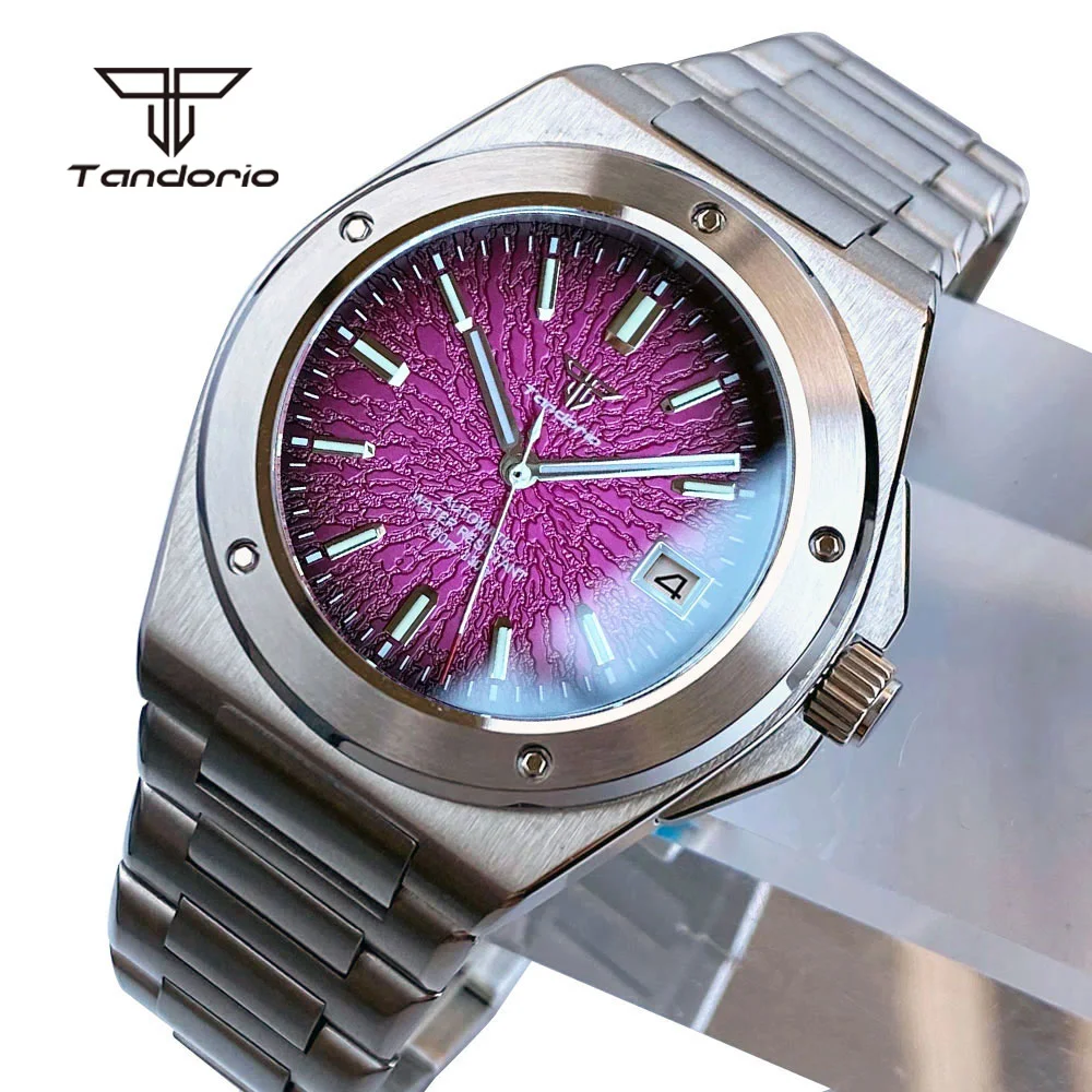Tandorio Men's 40mm Mechanical Sapphire Watch Automatic NH35 Movt Fashion Texture Dial Date Waterproof Steel Wristwatch Luminous