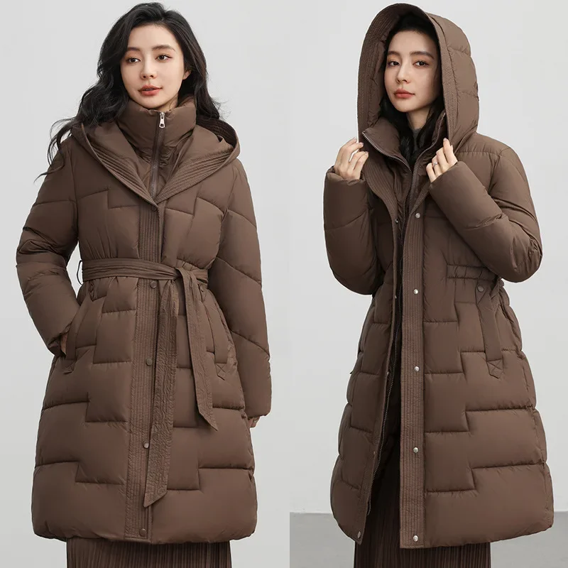 Women's Down Cotton Jacket Winter Fashion Medium Long Styles Waist Lace Up Thickening Jacket Hooded Stand Collar Women Clothing