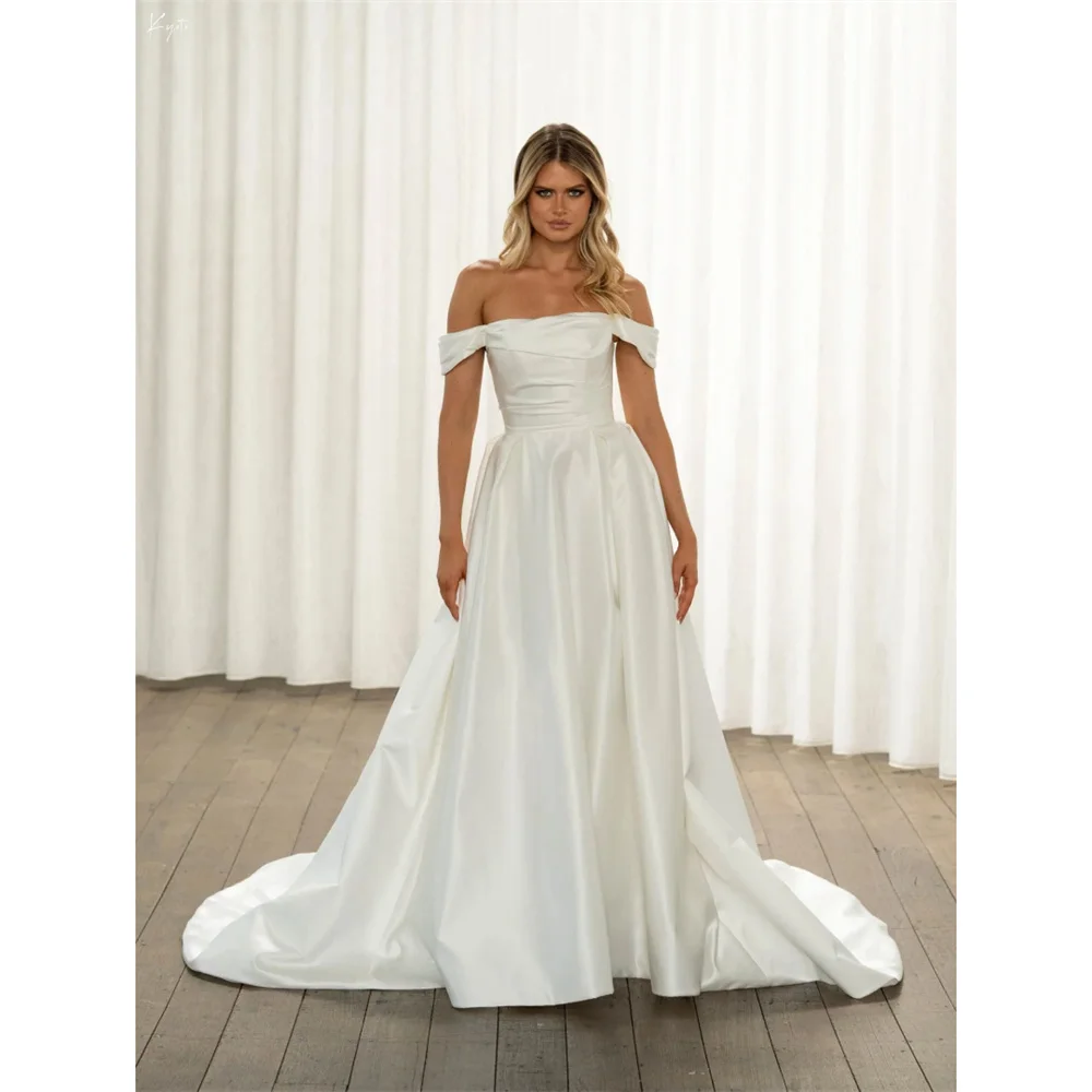 

Kyoto Customized Simple White Off Shoulder Satin Wedding Dress A-line Long Train vestidos de novia Button Back Evening Dresses