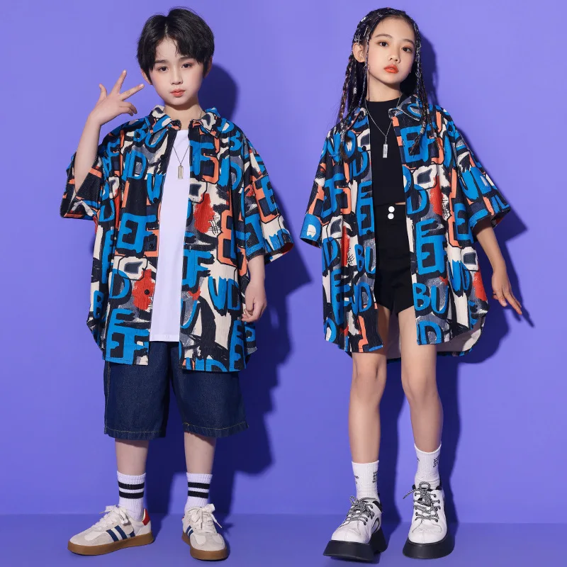 Kid Hip Hop Clothing Letter Print Oversized Shirt Casual Denim Blue Wide Jeans Shorts for Boys Girls Jazz Dance Costume Clothes