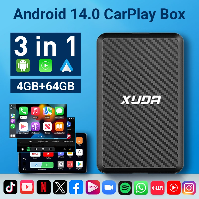 XUDA Android14 Wireless CarPlay/Android Auto 3in1 New Smart Ai Box Plug and Play 4 Cores 2GB+16GB/4GB+64GB built-in applications