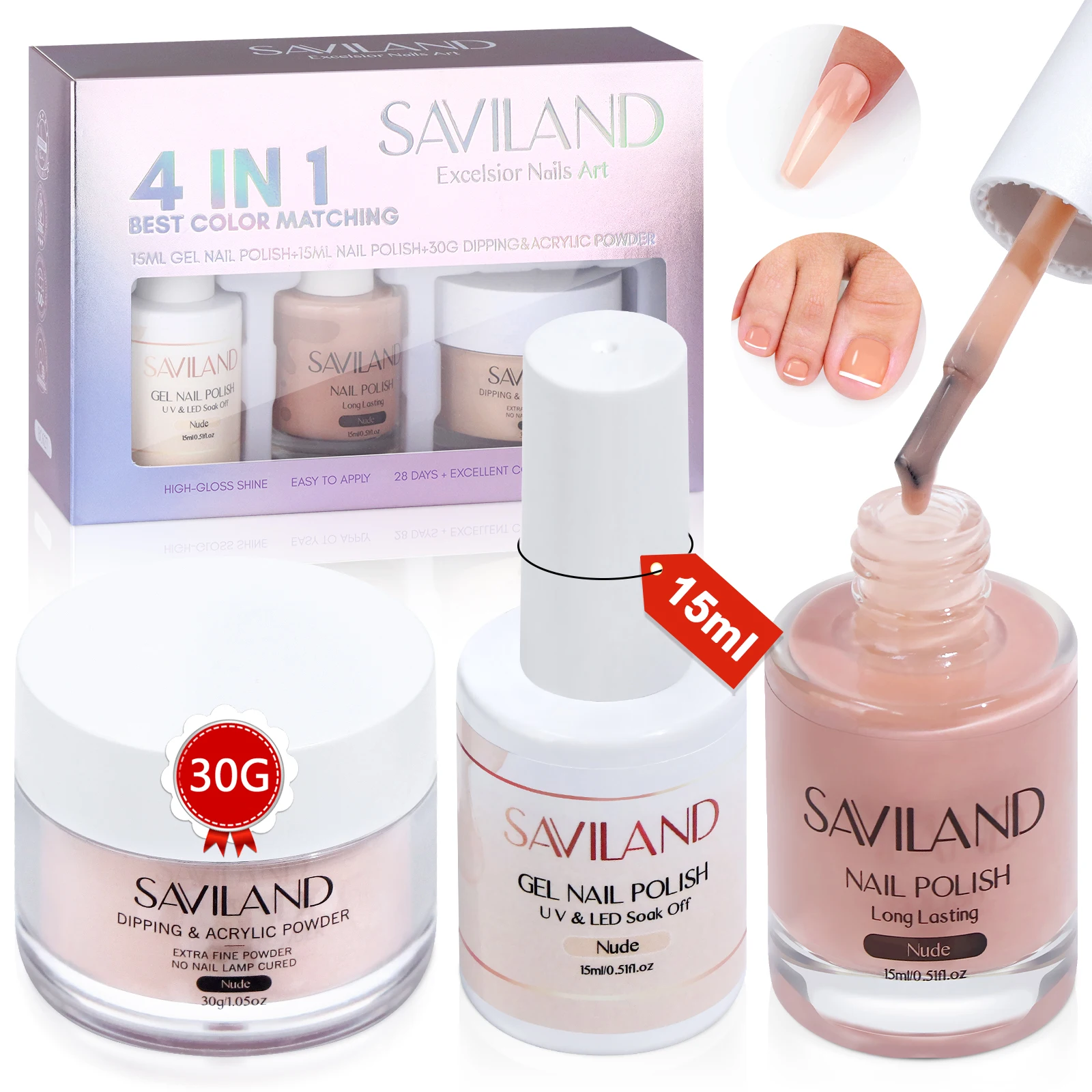 SAVILAND 4 w 1 Nude Acrylic Powder Set 30g Dipping Acrylic Powder 15ml Żel do paznokci i lakier do paznokci do domu Nail Art DIY Salon