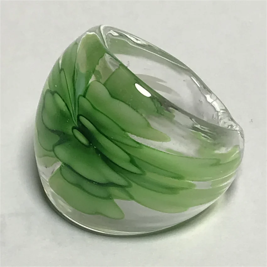 New Handmade For Women Retro Style Murano Glass Transparent Liuli Embedded Green  Flowers Finger Rings Fashion Jewelry