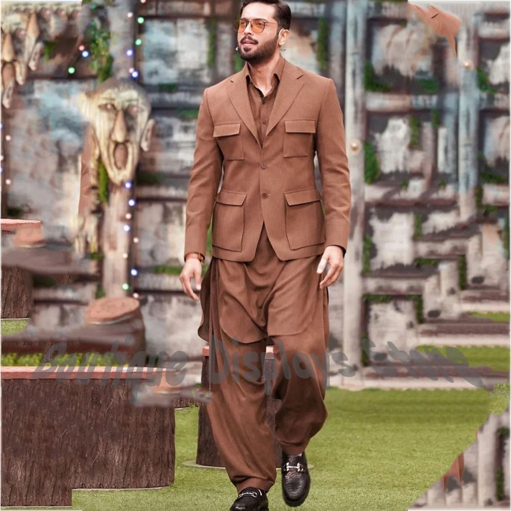 Men's Brown 2 Piece Suit Set Multi Pocket Single Breasted Notch Lapel Fashion Show Casual Outfit Festive Party Costume Homme