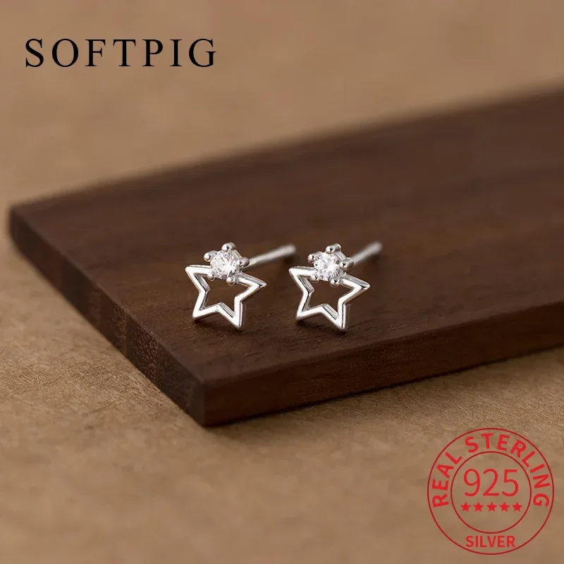 SOFTPIG Real 925 Sterling Silver Zircon Star Hoop Earrings For Women Party Cute Fine Jewelry Minimalist  Accessories