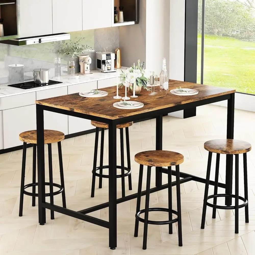 

Bar Table Set,Industrial Bar Table and Chairs Set,5 Pcs Dining Table Set Counter Height Pub Table with 4 Chairs, Wooden Breakast