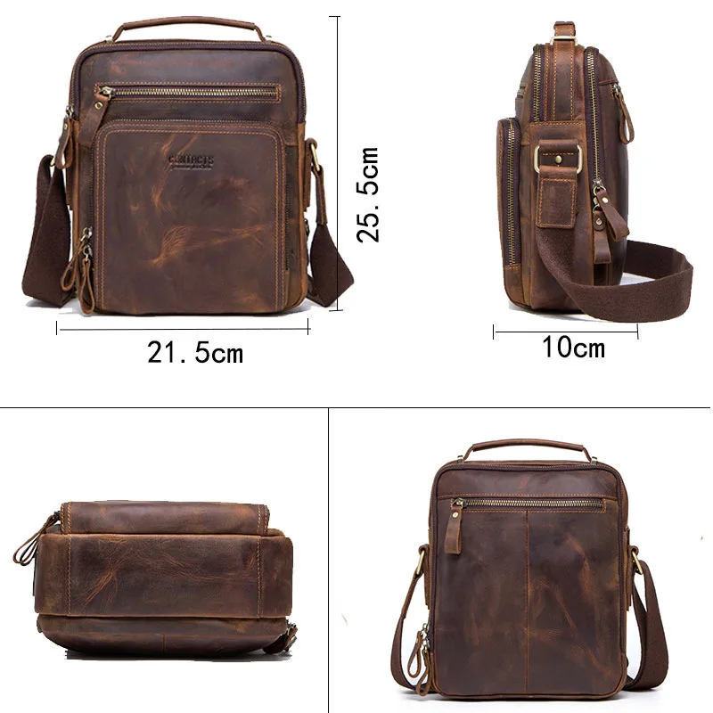 Italy Retro Crazy Horse Leather Casual Men's Shoulder Bag First Layer of Calfskin Vintage Fashion Men Bag Crossbody
