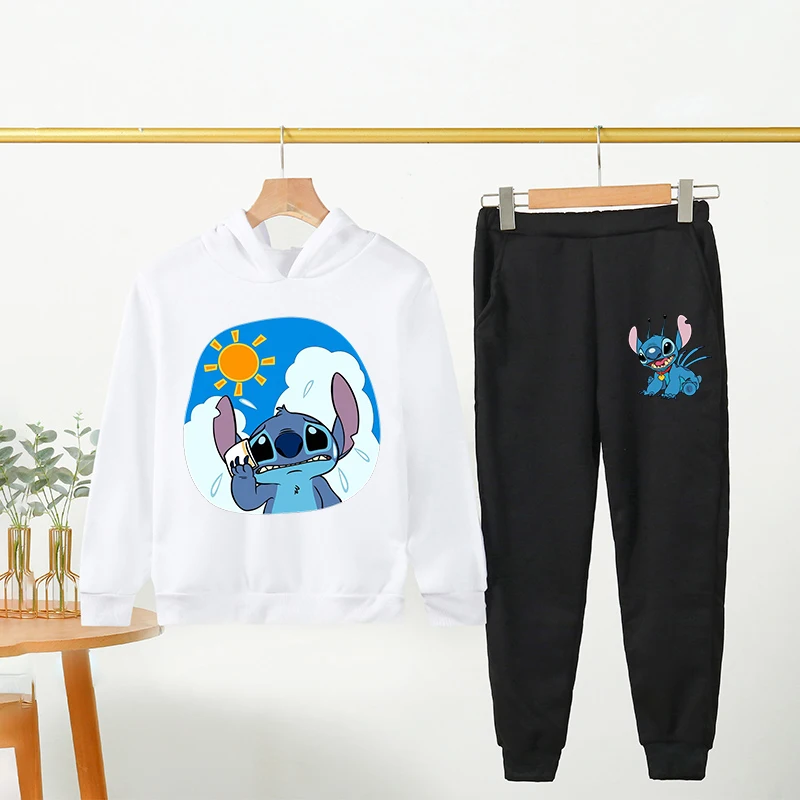 

Stitch Disney Sweatshirt Suit Children Boy Girl Plush Hoodies+pants Trendy Print Hoodie Sweatpants Anime Clothes Set Gift
