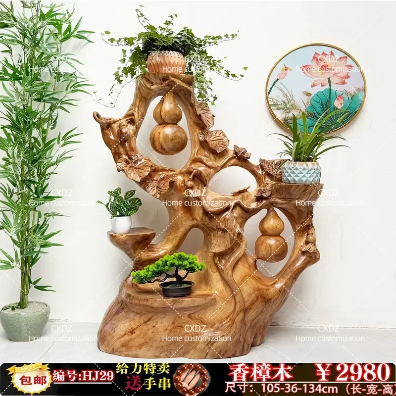 Solid Wood Root Carving Flower Stand Natural Camphor Wood Bonsai Frame Wufu Linmen Ornament Random Tree Root Art Display Rack