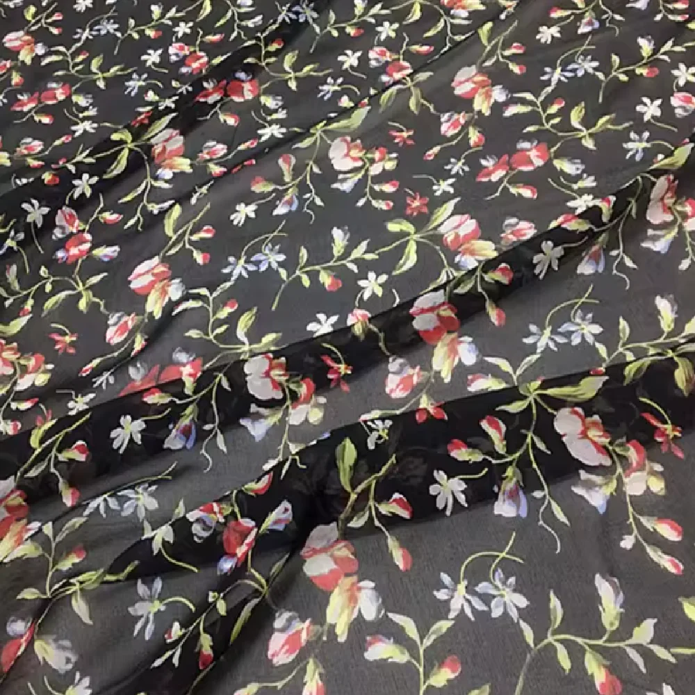 

Дышащая мягкая натуральная 100% чистая шелковая ткань из жоржета с принтом черных цветов для женской одежды сари, платье, шарф