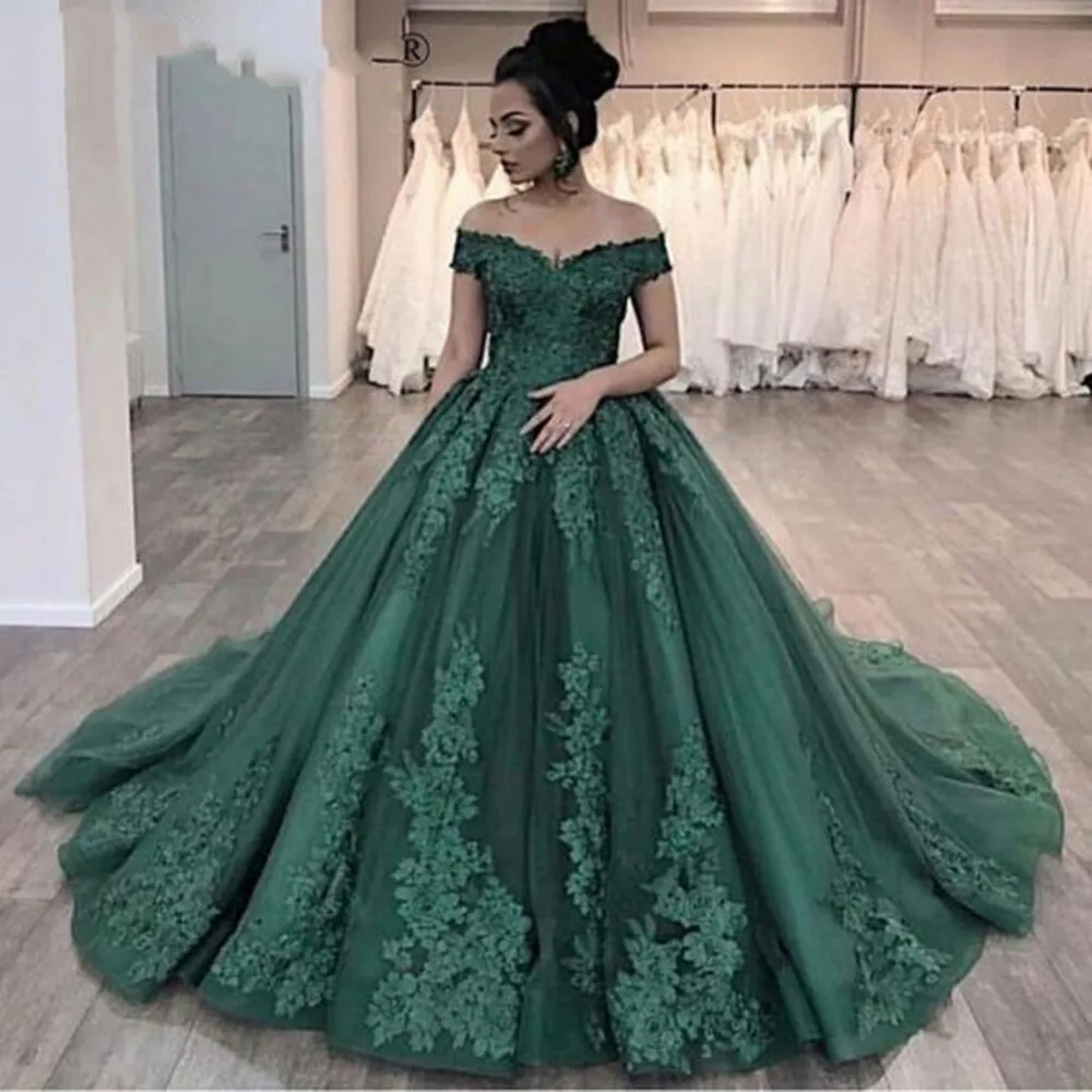 

Emerald Green Lace Quinceanera Dresses Dubai Princess Ball Gown Women Formal Evening Gowns Off The Shoulder Marriage Robe