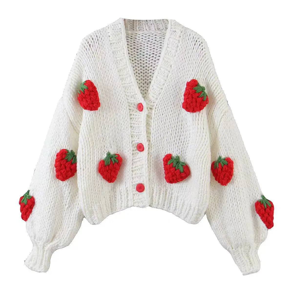 

New V-neck Lantern Sleeve Knitted Cardigans Fashionable Strawberry Print Long-sleeved Sweater Casual Long Sleeve Pink Cardigan