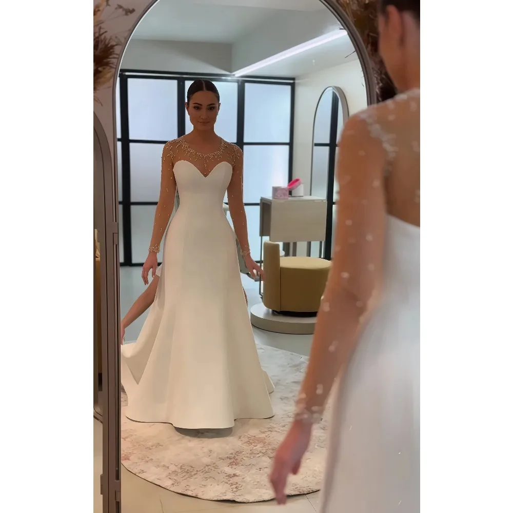 Elegante Meerjungfrauen-Brautkleider mit Perlen, luxuriös, maßgeschneidert, lange Ärmel, Schleppe, Brautkleider für Damen, Vestido De Novia