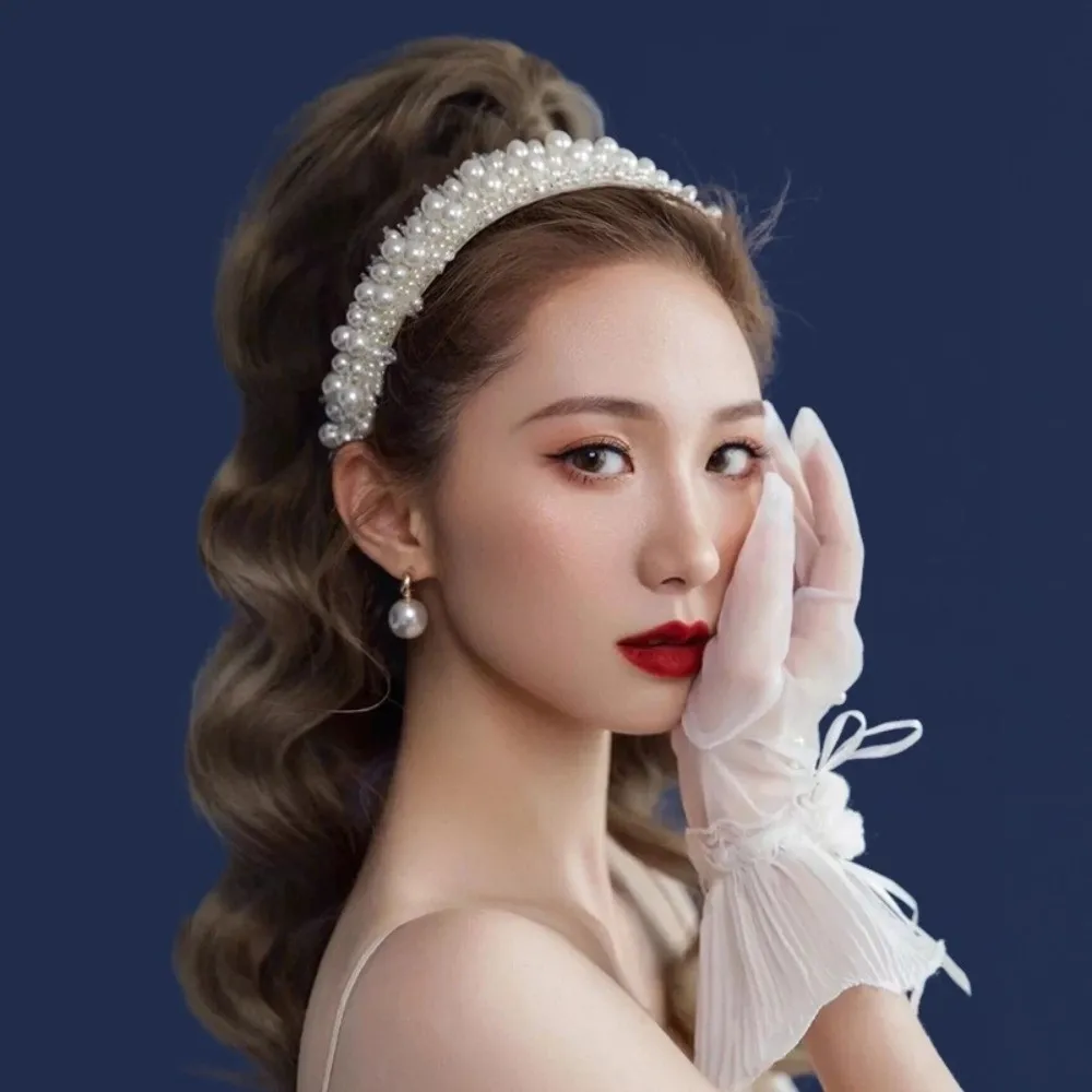 Elegant Wide Side Bridal Hair Hoop Large Korean Style Pearl Headbands Baroque Handmade Women Hairbands Women