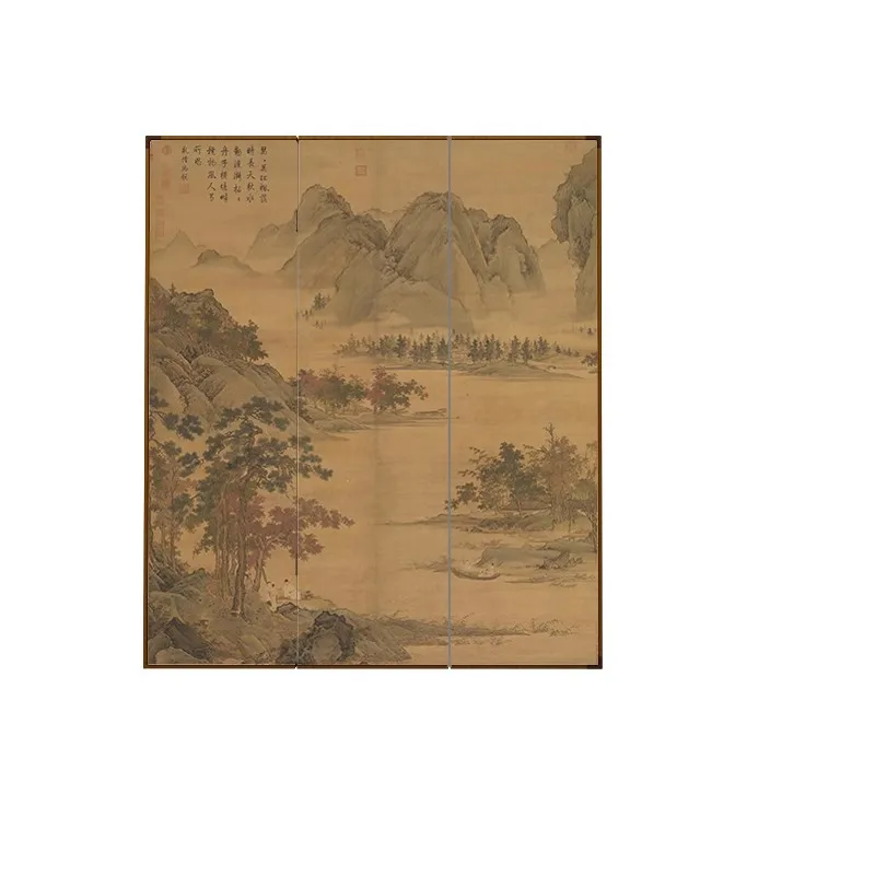 Solid wood folding screen partition Song Dynasty aesthetics living room tea room background wall mobile blocking retro landscape